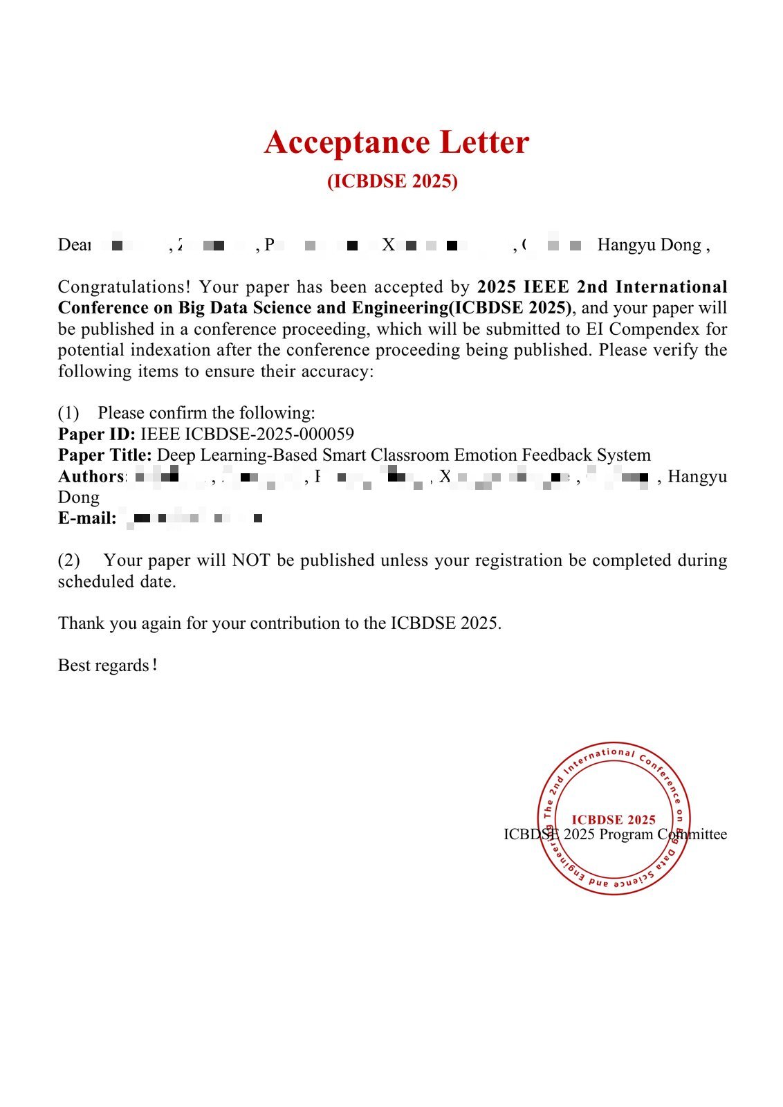 IEEE ICBDSE 2025 论文录用通知